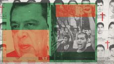 Photo collage illustration of Angel Aguirre, protestors and images of the missing Iguala students