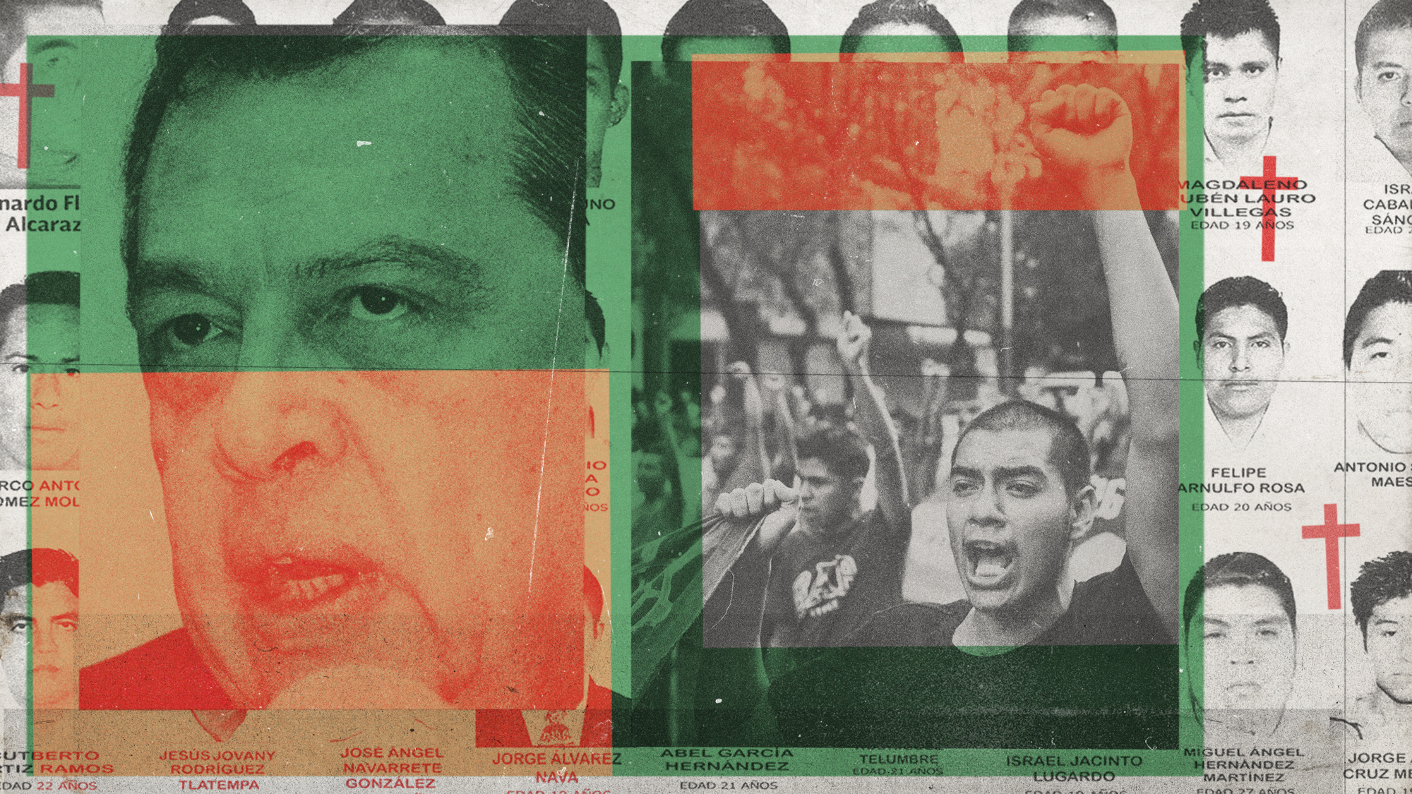Photo collage illustration of Angel Aguirre, protestors and images of the missing Iguala students