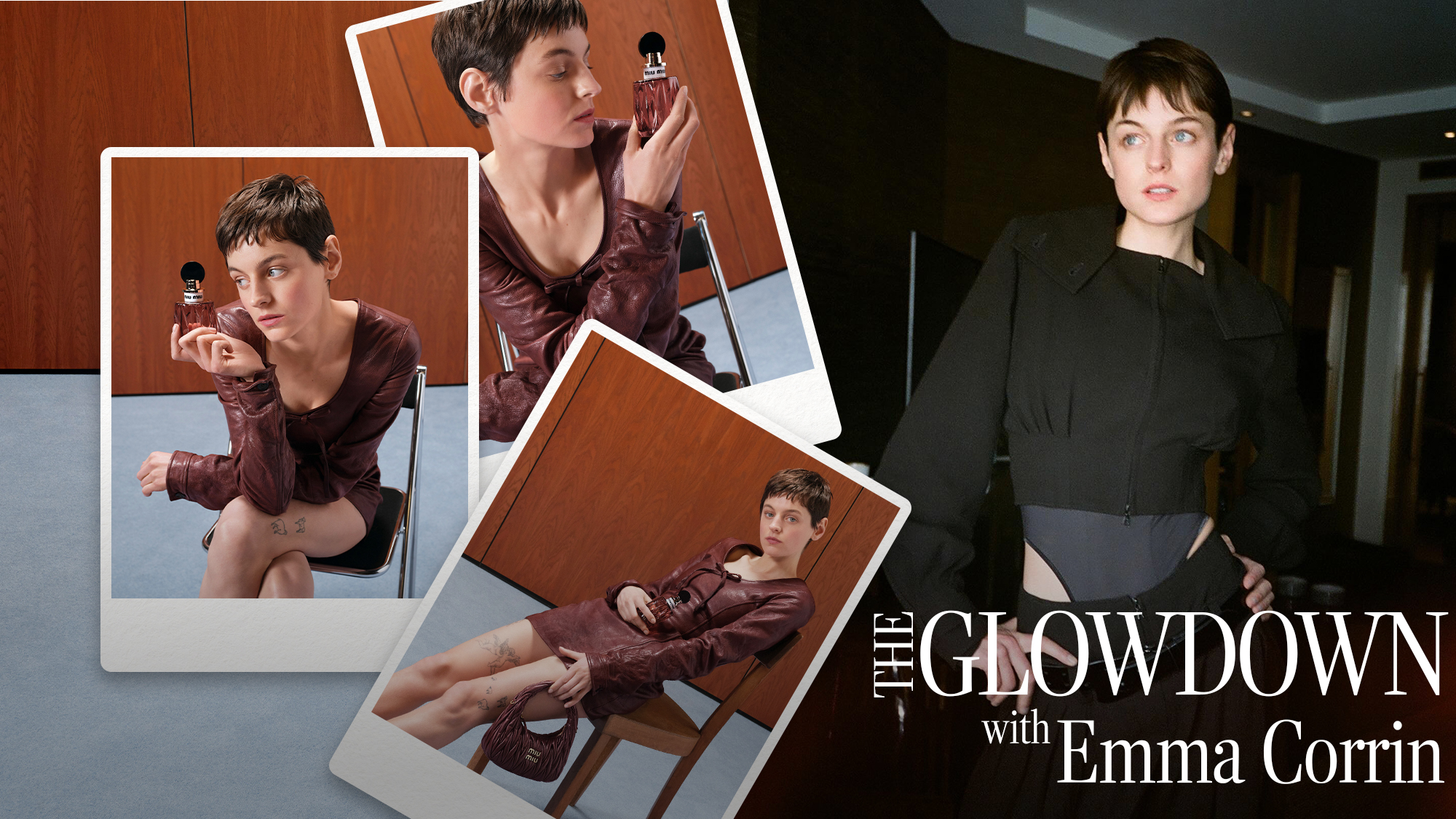 A collage of images of Emma Corrin, with three pictures showing Emma holding the new Miu Miu Miutine Intense perfume, and one picture of Emma wearing a black jacket and suit trousers