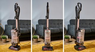 Three views of the Shark Stratos Pet Pro Upright Vacuum