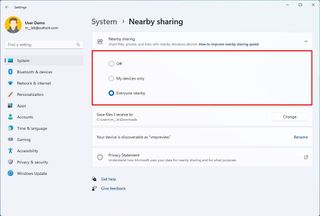 Enable Nearby sharing on Windows 11