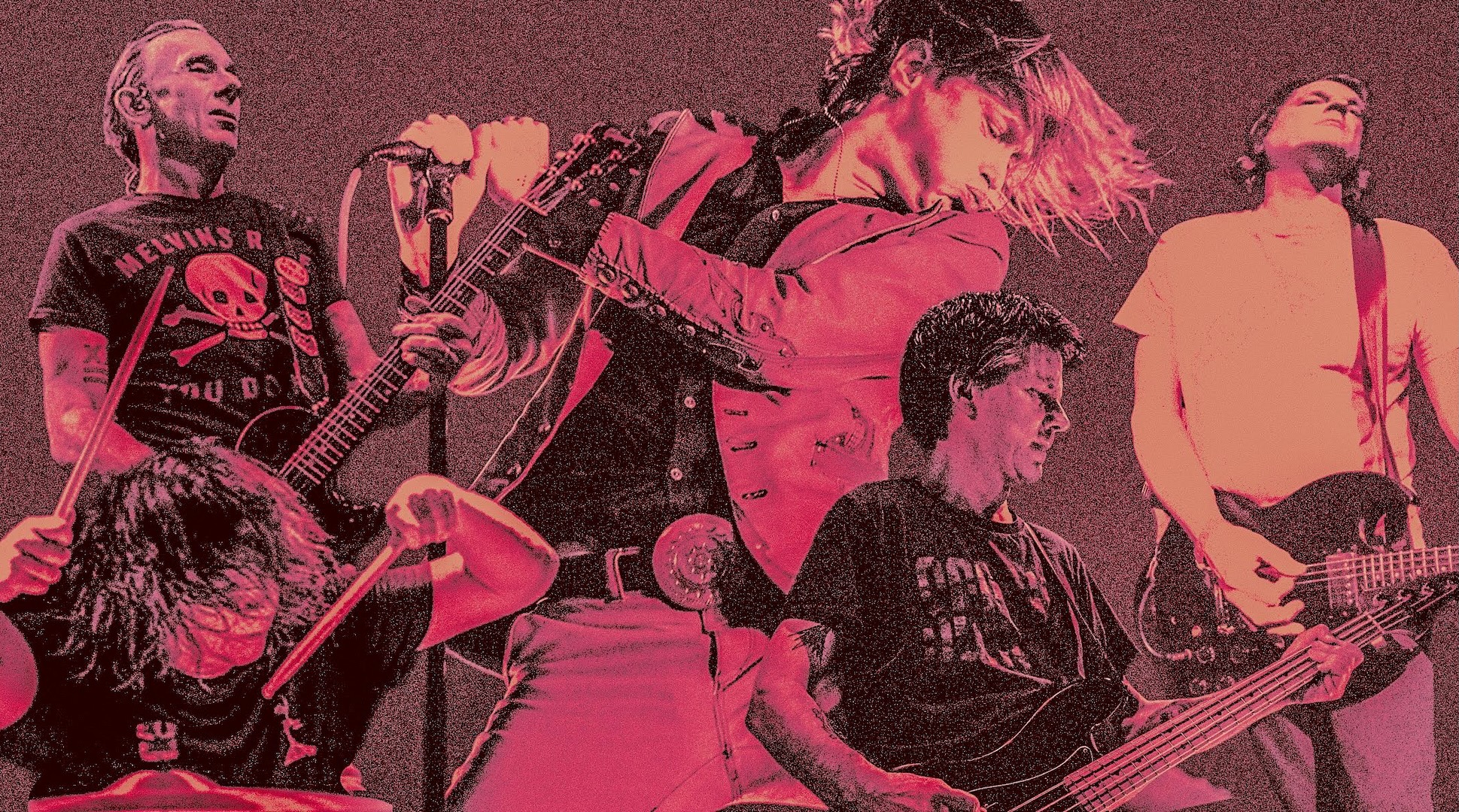 A collage featuring the latest line-up of the punk rock supergroup Fake Names