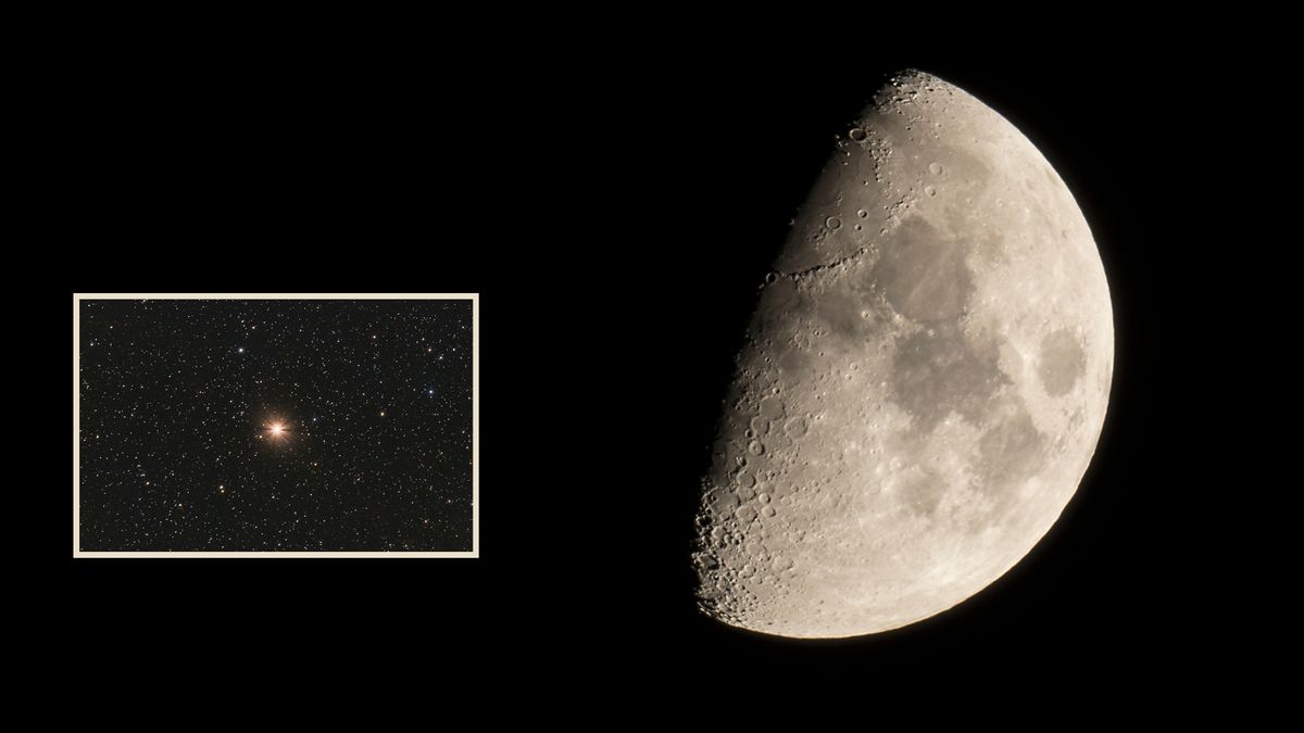 graphics showing the moon near to mars in the night sky. 