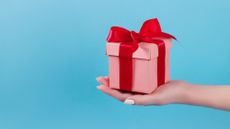A woman holds a pink present with a red bow in front of a blue background