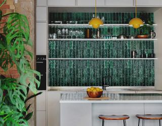 green kitchen ideas with green glass backsplash tiles