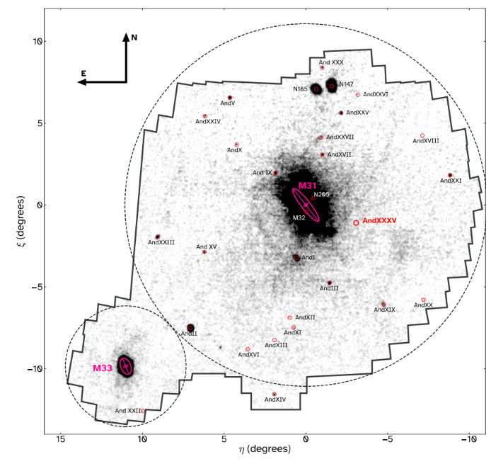 A black and white figure from a new scientific research paper led by University of Michigan astronomers shows a thick, black cluster of dots at its center, representing the Andromeda or M31 galaxy. It's surrounded by a large, much more diffuse cloud of spots, some of which are satellite galaxies, labeled with black text. The newly discovered satellite galaxy, Andromeda XXXV, is labeled with bold red text, just a bit outside and to the right of the central M31 galaxy.