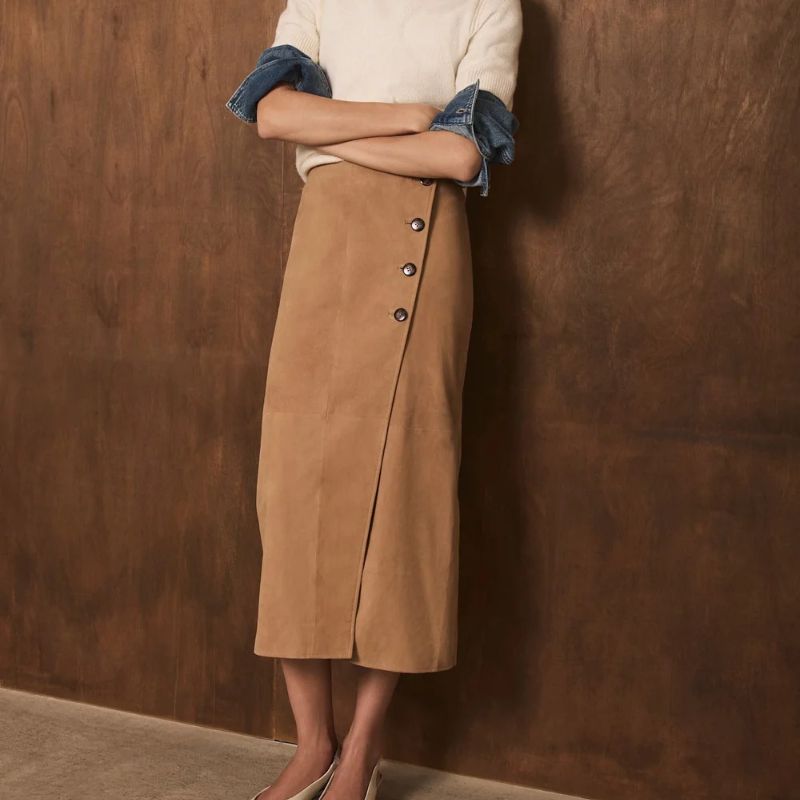 Mint Velvet , Tan Suede Wrap Midi Skirt