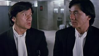 Jackie Chan as long-lost twin brothers meeting each other while urinating next to each other in a restroom in Twin Dragons