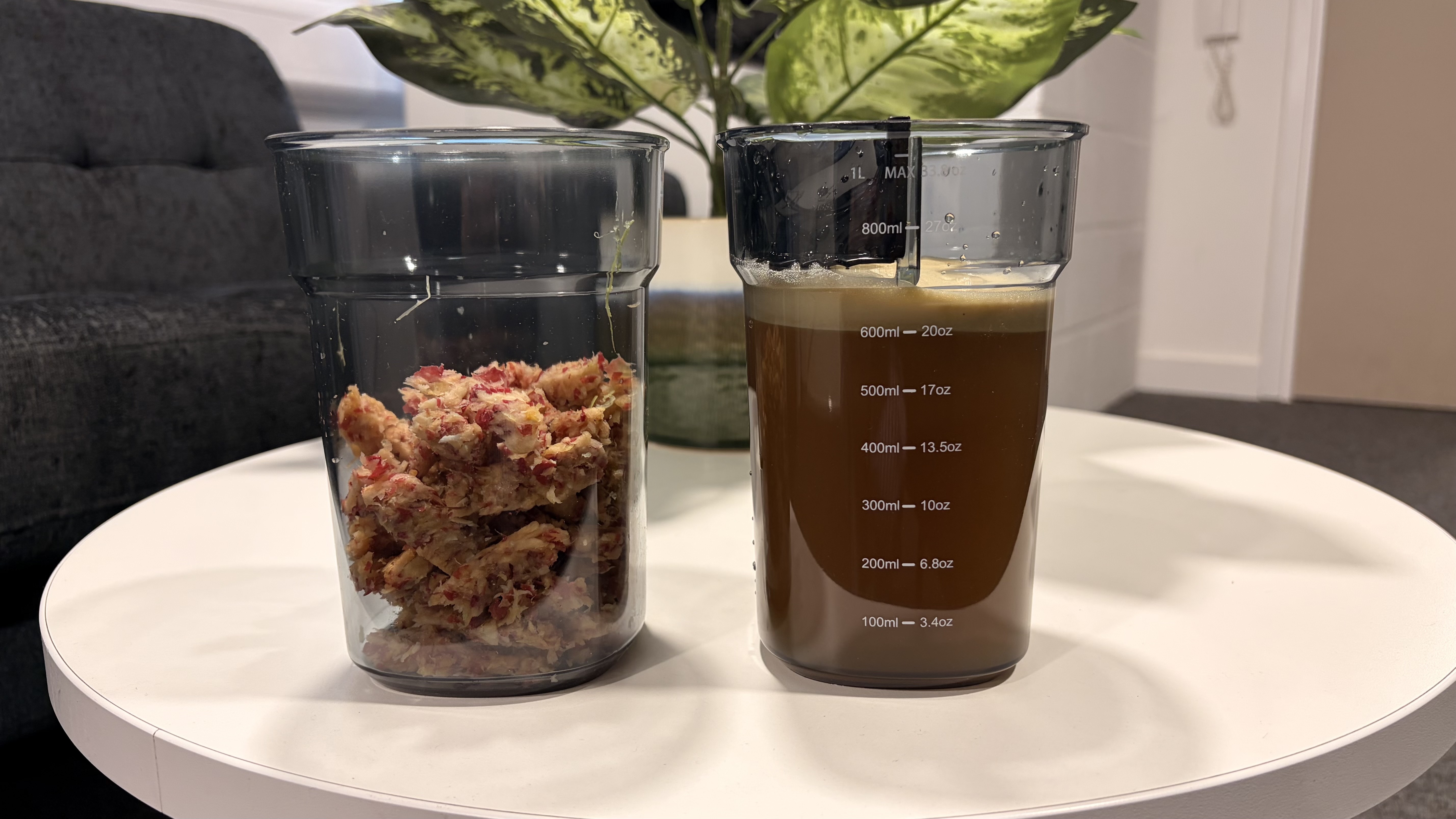 Apple juice and pulp made using the Puraflows Auramist Cold Press Juicer