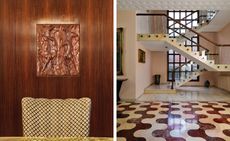 Two side-by-side photos of Antonio Voltan's carved panel and a marble, glass and walnut staircase at Villa Borsani