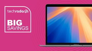An Apple MacBook Air against a pink TechRadar background