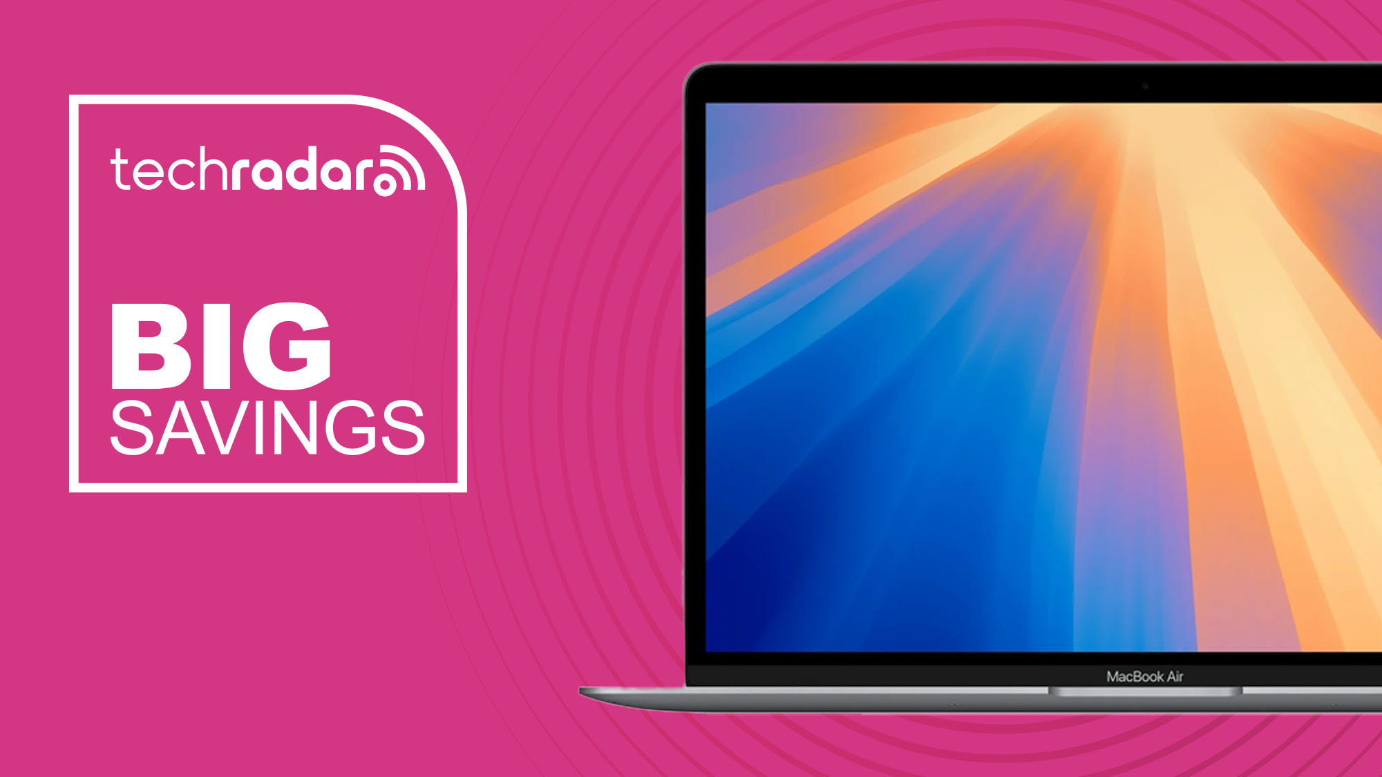 An Apple MacBook Air against a pink TechRadar background