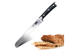 A knife is displayed next to sliced bread.