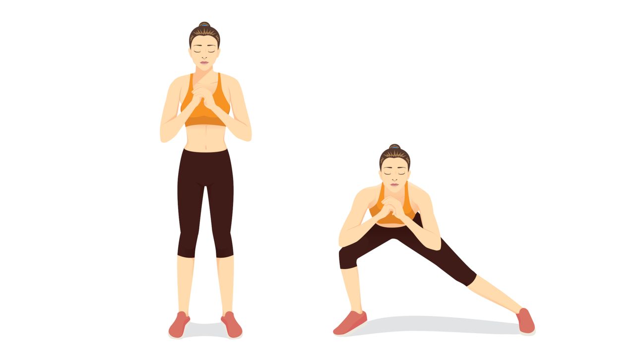 an illustrated photo of a woman performing a dumbbell lateral squat to press