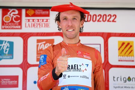 LES ANGLES FRANCE JUNE 18 Michael Woods of Canada and Team Israel Premier Tech celebrates winning the Red Leader Jersey on the podium ceremony after the 46th La Route dOccitanie La Depeche du Midi 2022 Stage 3 a 1887km stage from Sigean to Les Angles 1841m RDO2022 on June 18 2022 in Les Angles France Photo by Dario BelingheriGetty Images