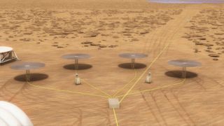 An artist depicts the umbrella-like heat radiators of four Kilopower reactors casting shade on the Martian surface as fission reactions energize a small power grid.