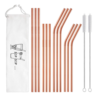 Set of 12 rose gold metal reusable straws