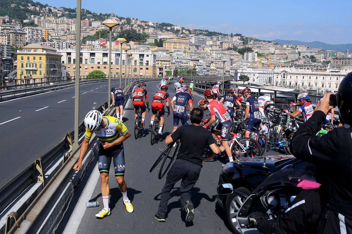 Heinrich Haussler (IAM Cycling) catches his breath after crashing