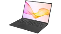 LG Gram 17 lightweight laptop shown on a white background with screen open at approximately 95 degrees showing screensaver of multicolour energy flowing across a blank canvas
