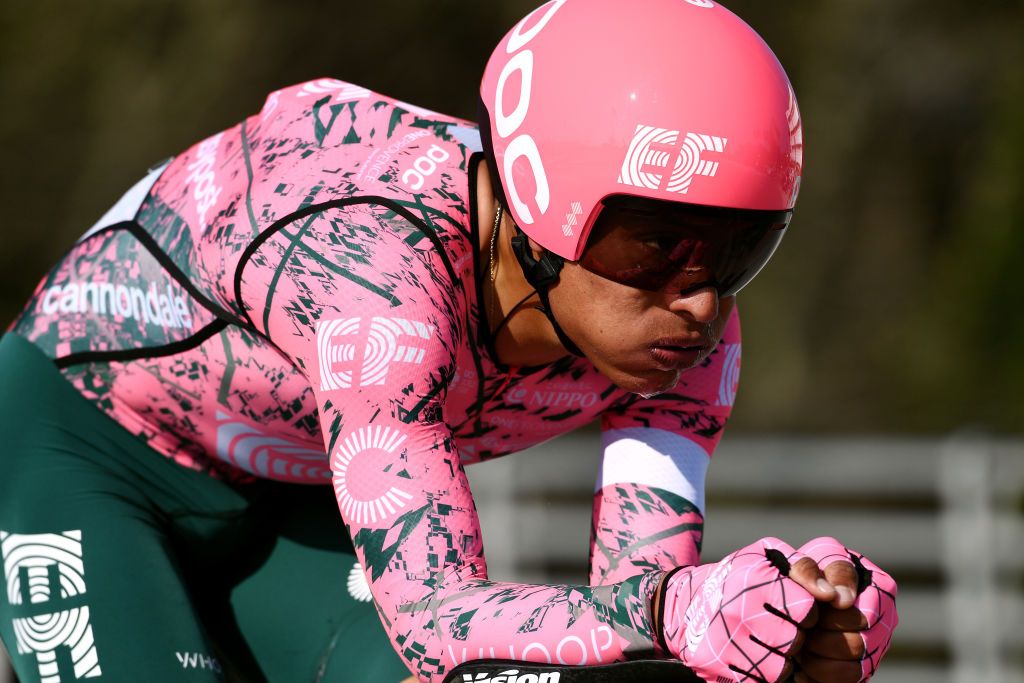 CAMAIORE ITALY MARCH 07 Jonathan Klever Caicedo Cepeda of Ecuador and Team EF Education Easypost sprints during the 57th TirrenoAdriatico 2022 Stage 1 a 139km individual time trial from Lido di Camaiore to Lido di Camaiore TirrenoAdriatico on March 07 2022 in Camaiore Italy Photo by Tim de WaeleGetty Images