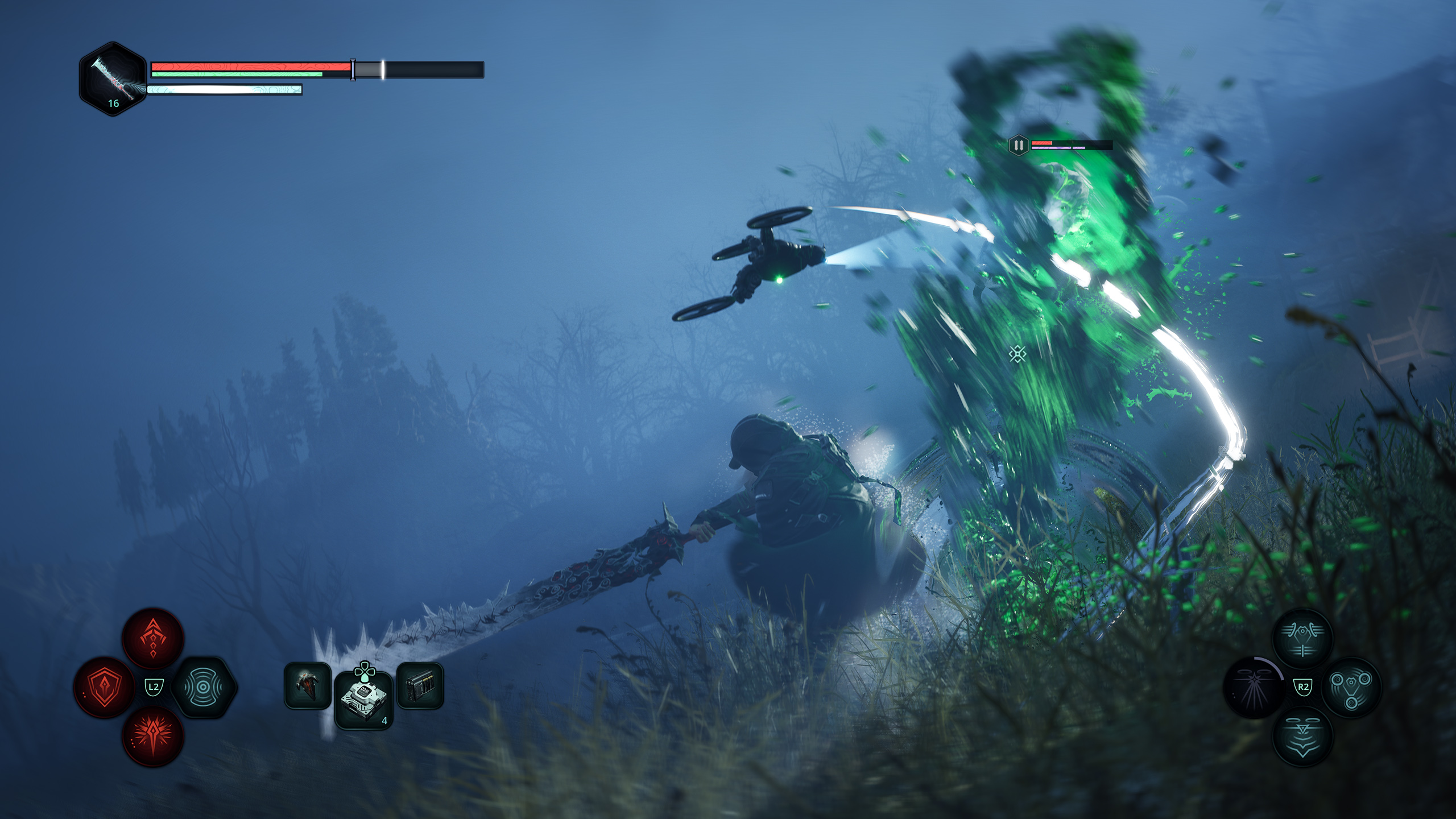 Remi slashes a glowing green enemy in Hell is Us