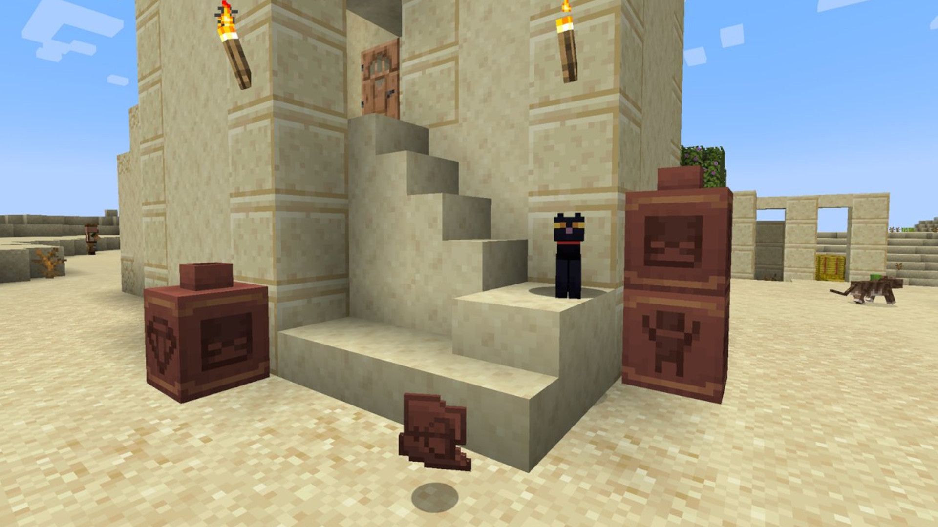 Decorated pots in a Minecraft desert archaeology scene Minecraft desert temple scene with decorated pots and pottery pieces near the entrance