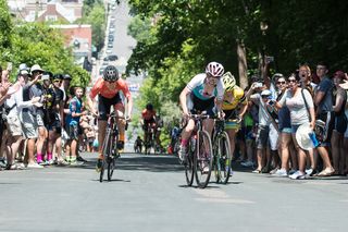 Ellen Noble outsprints Heather Fischer (Rally Cycling) and Brianna Walle (Team TIBCO-SVB) to win the Stillwater Criterium