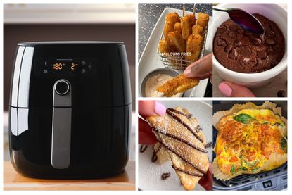 A collage of TikTok recipes including Nutella pies, halloumi fries, frittata and chocolate puddings and on the left an air fryer to cook them all in