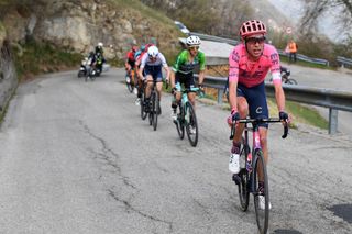 PIEVEDIBONO ITALY APRIL 22 Hugh Carthy of United Kingdom and Team EF Education Nippo attack on breakaway in Boniprati mountain 1163m during the 44th Tour of the Alps 2021 Stage 4 a 1686 to stage from Naturns to Valle del Chiese Pieve di Bono TourofTheAlps TouroftheAlps on April 22 2021 in Pieve di Bono Italy Photo by Tim de WaeleGetty Images
