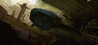 Basic scene of a spaceship hovering in an alley