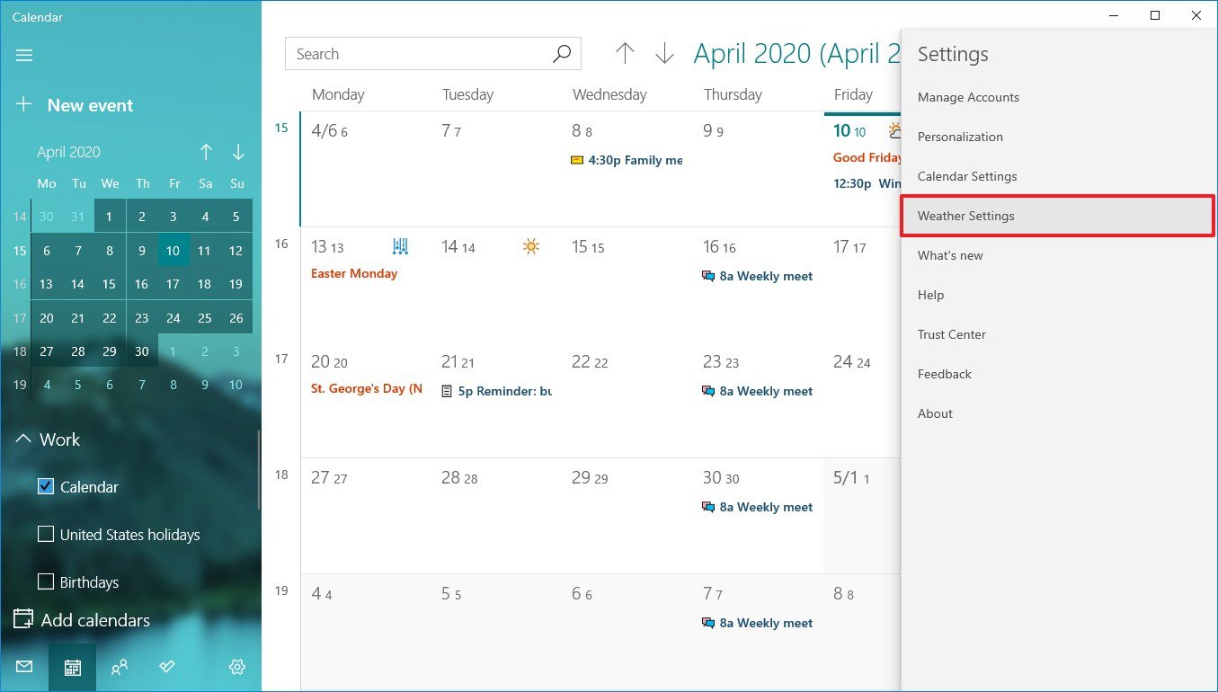 Windows 10 Calendar Weather option