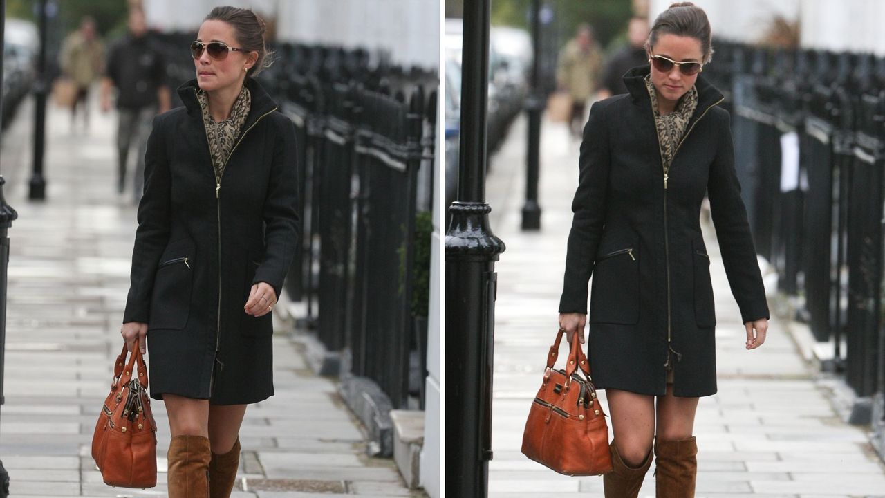 Composite of two pictures of Pippa Middleton wearing a black coat and tan knee high boots in London in 2011