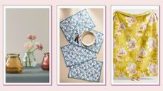 Anthropologie Black Friday sales deals including glass vases, blue placemats, and a yellow floral throw on a pink background