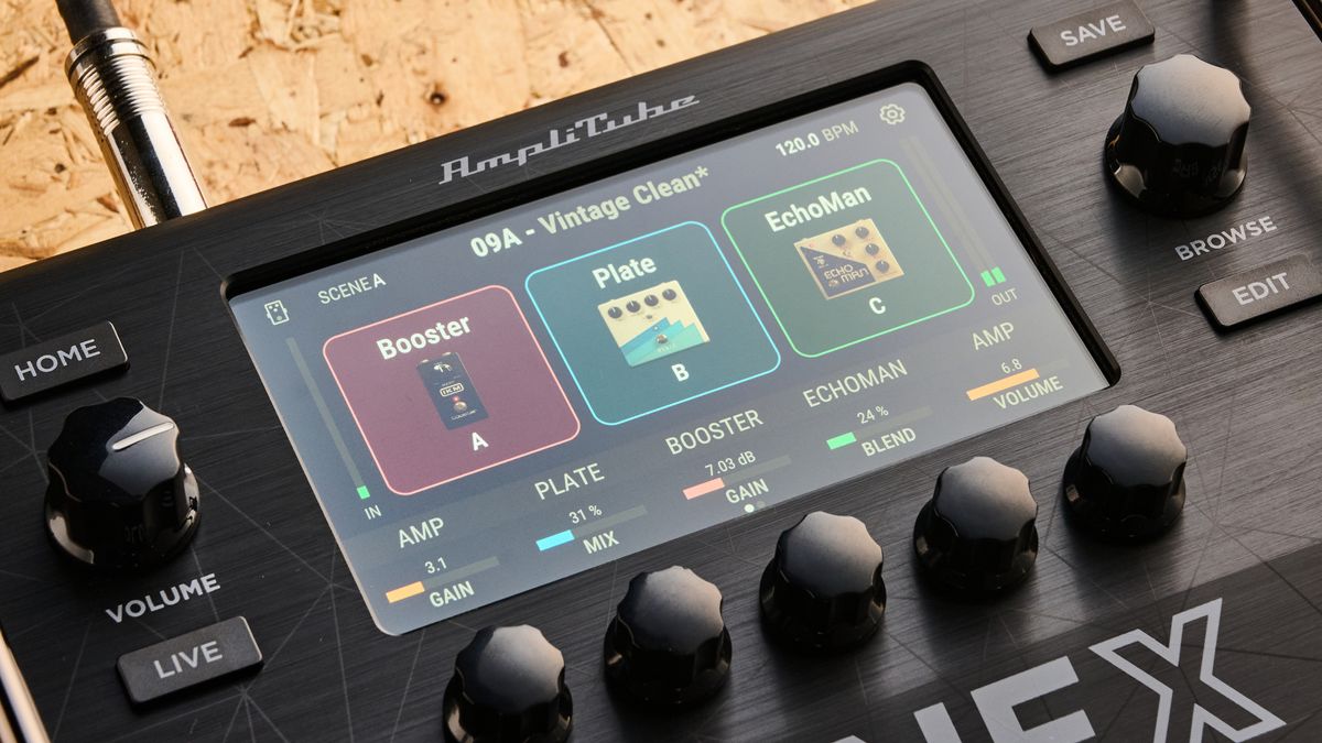 IK Multimedia Tonex Board shot on OSB wood surface.