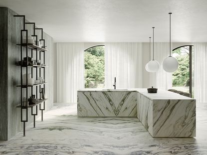 green marble kitchen with green marble flooring