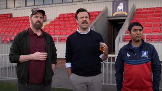 Jason Sudeikis as Ted Lasso, Brendan Hunt as Coach Beard, and Nick Mohammed as Nate during the Apple TV Show, Ted Lasso.