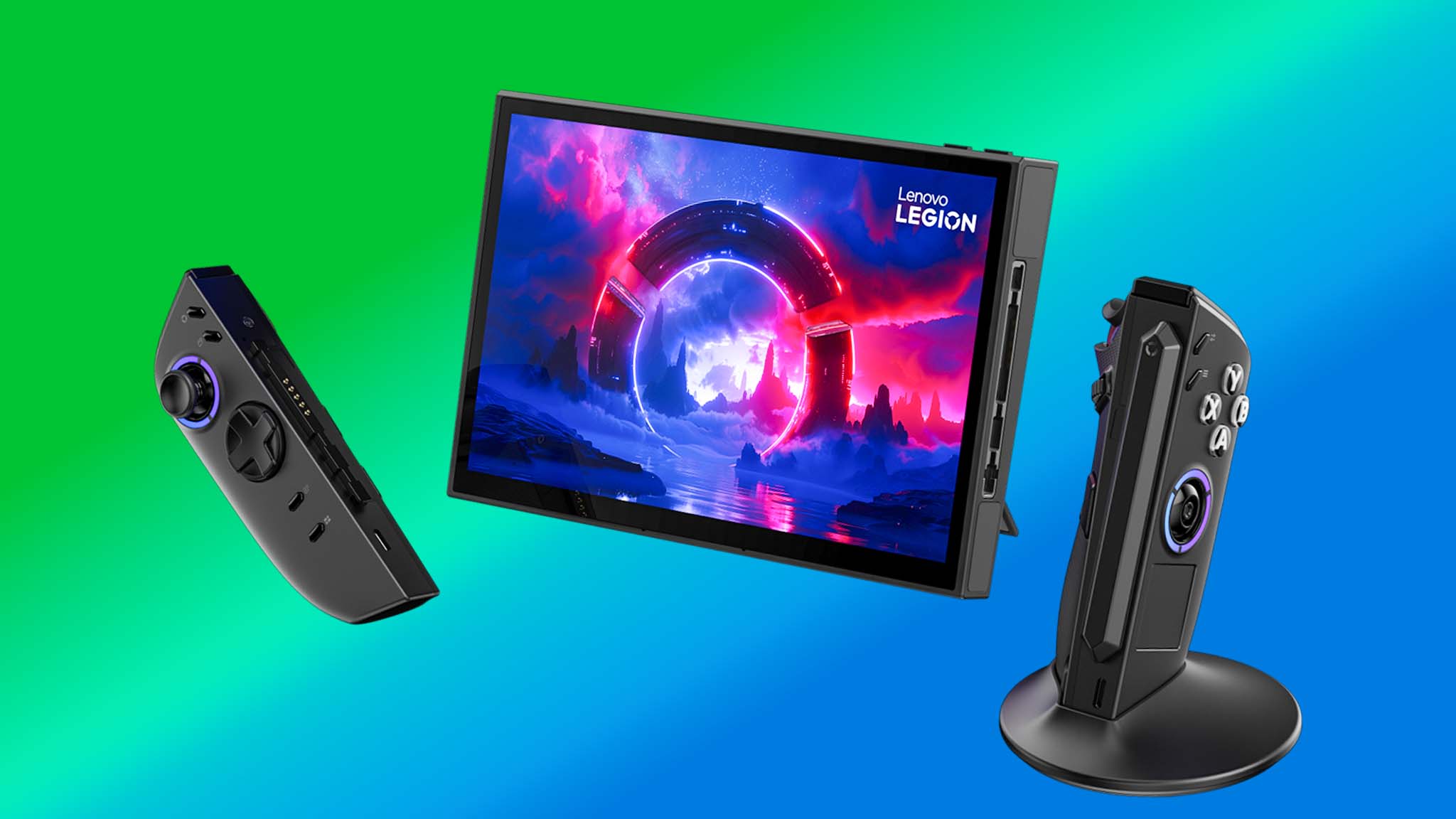 Legion Go 2 propped up on its kickstand. Both controllers are detached, but the right one is in its FPS mode base.