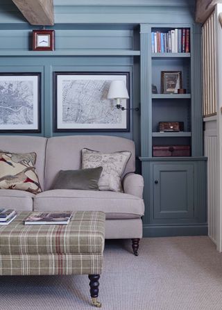 living room with blue panelling and shelves