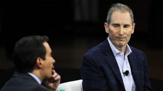 Andrew Ross Sorkin speaks with Amazon CEO Andy Jassy during the New York Times DealBook Summit in the Appel Room at the Jazz At Lincoln Center on November 30, 2022 in New York City.