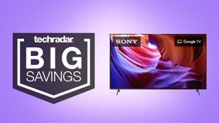 Sony TV on purple background with big savings text overlay