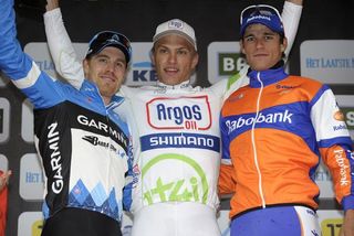 The 2012 Scheldeprijs podium: Tyler Farrar, Marcel Kittel and Theo Bos