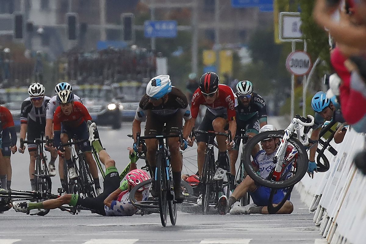 Several riders go down in the final metres