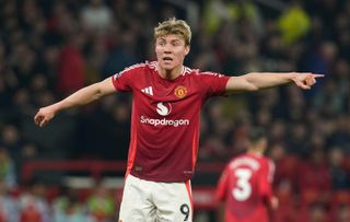 Ramus Hojlund of Manchester United gestures during the Premier League match against Arsenal at Old Trafford on 9 March, 2025.