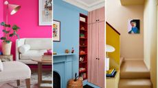 composite of three colourful rooms with the Mylands upcycled paint shades featured in each one