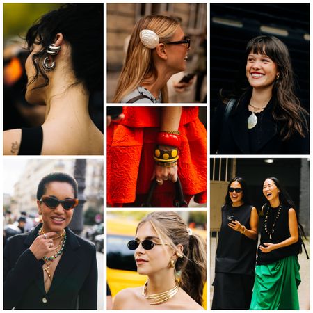 a collage of women wearing the summer 2026 jewelry trends, including silver ear cuffs, beaded necklaces, shell jewelry, and gold choker necklaces