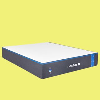 Image shows the Nectar Mattress, the best mattress for stomach and back sleepers, shown on a yellow background