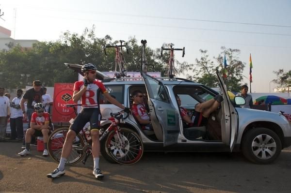 The Radioshack riders relax before the start