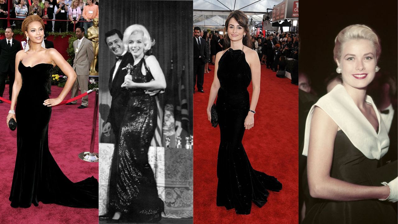 L-R: 4 black dresses; Beyonce during The 77th Annual Academy Awards - Arrivals at Kodak Theatre in Los Angeles, Marilyn Monroe attends the Golden Globe Awards where she won the &quot;Henrietta&quot; award at the Beverly Hilton Hotel on March 5, 1962 in Los Angeles, Eva Longoria arrives at the 68th Annual Golden Globe Awards held at The Beverly Hilton hotel on January 16, 2011 in Beverly Hills, California, Grace Kelly (1929 - 1982) attends the premiere of the film &#039;Rear Window&#039; with fashion designer Oleg Cassini