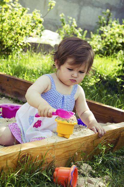 Baby Playing In A Sandbox On The Lawn