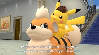 A screenshot from Detective Pikachu Returns showing Pikachu riding Growlithe